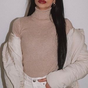 Solid ribbed turtleneck knit sweater